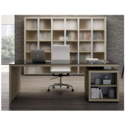 Escritorio de oficina en madera y vidrio con estantes