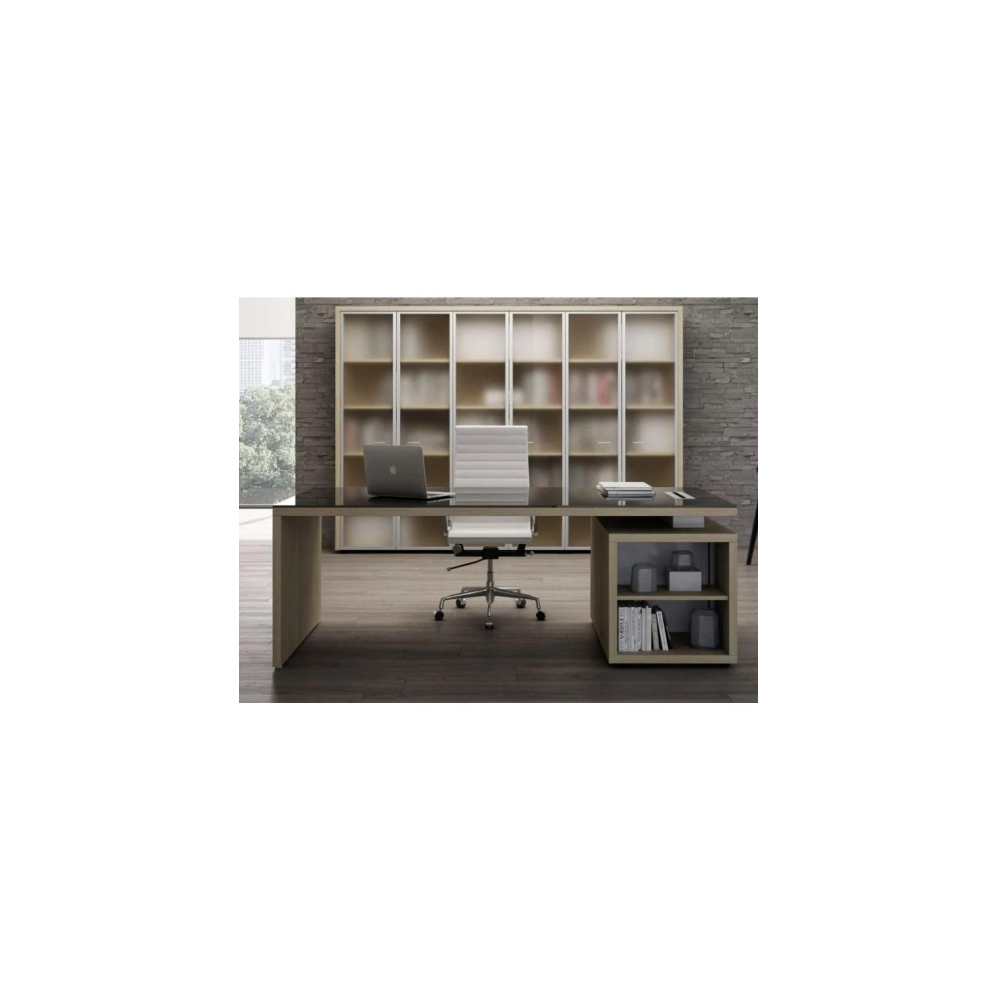 Escritorio de oficina en madera y vidrio con estantes