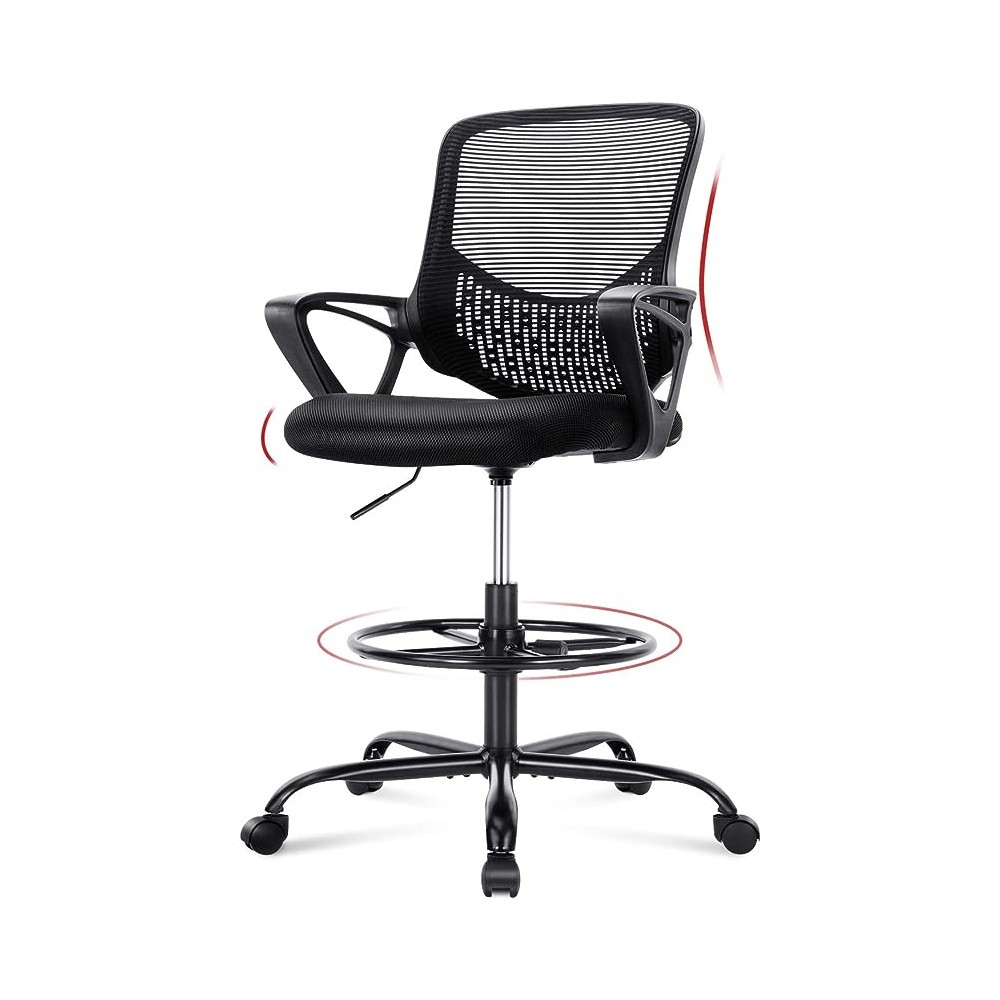 HOMEFLA de Dibujo de Malla de Respaldo Medio, Silla de Oficina con reposabrazos de pie (Negro)