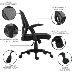 TOPLIVING Silla de Oficina Ergonómica con Soporte Lumbar Ajustable Negro