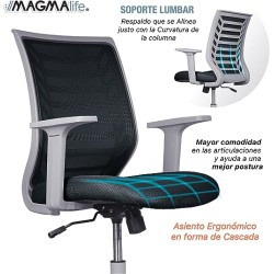 MAGMALIFE Silla de Escritorio Premium Ergonómica Modelo Estelar, Silla de Oficina con Reclinacion y Altura Ajustable (Gris)