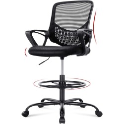 HOMEFLA Silla de Dibujo de Malla de Respaldo Medio, Silla de Oficina Alta con reposabrazos de pie (Negro)