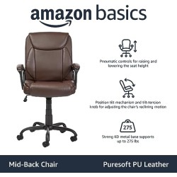 Amazon Basics - Classic Puresoft PU Silla de escritorio acolchada con respaldo medio y reposabrazos, marrón