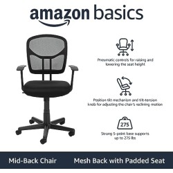 Amazon Basics - Silla de escritorio de malla, respaldo medio, ajustable, giratoria con reposabrazos, color negro