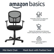 Amazon Basics - Silla de escritorio de malla, respaldo medio, ajustable, giratoria con reposabrazos, color negro