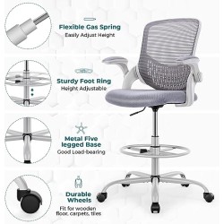 SMUG Drafting Silla de Oficina Alta, con reposapiés, Gris Claro