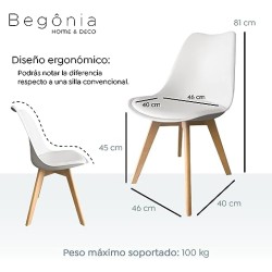 Begônia Home & Deco Set De 2 Sillas Begônia Alcolchonadas Tulip Patas De Madera Sillas Comedor Muebles para Cocina (Blanco)