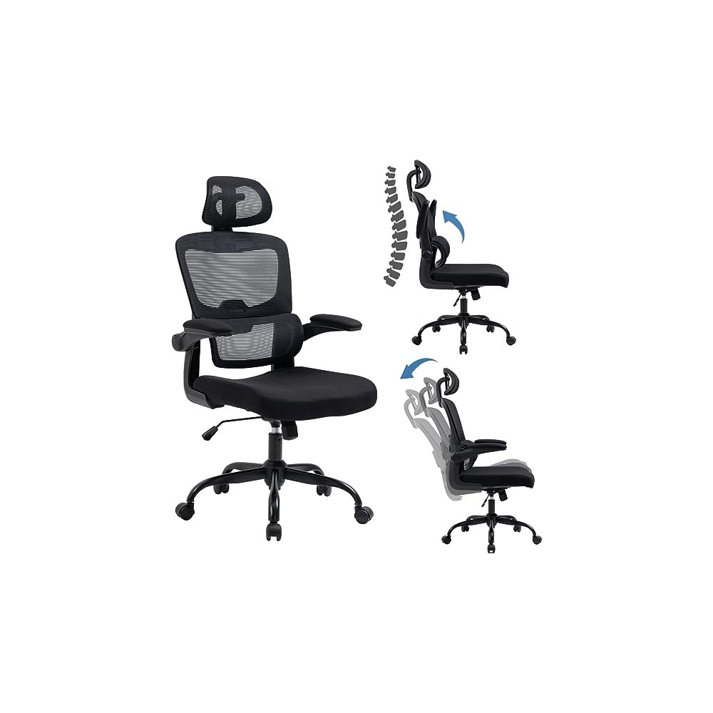 HOMEMAKE FURNITURE Silla Oficina ergonómica de Respaldo Alto con Soporte Lumbar Ajustable Altura reclinable descansabrazos Negro
