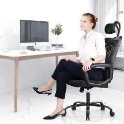Silla de Oficina, Silla ergonómica de Malla para computadora con Soporte Lumbar, reposacabezas Ajustable (Negro)