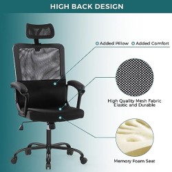 Silla de Oficina, Silla ergonómica de Malla para computadora con Soporte Lumbar, reposacabezas Ajustable (Negro)