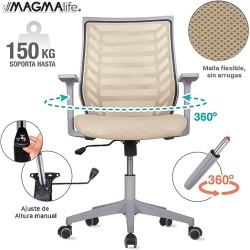 MAGMALIFE Silla de Escritorio Premium Ergonómica Modelo Estelar, Silla de Oficina con Reclinacion y Altura Ajustable Beige