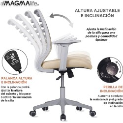 MAGMALIFE Silla de Escritorio Premium Ergonómica Modelo Estelar, Silla de Oficina con Reclinacion y Altura Ajustable Beige