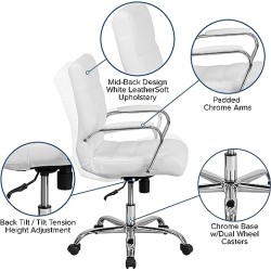 Flash Furniture Silla de Oficina con Respaldo Medio - Silla de Escritorio Ejecutiva de Polipiel Blanco