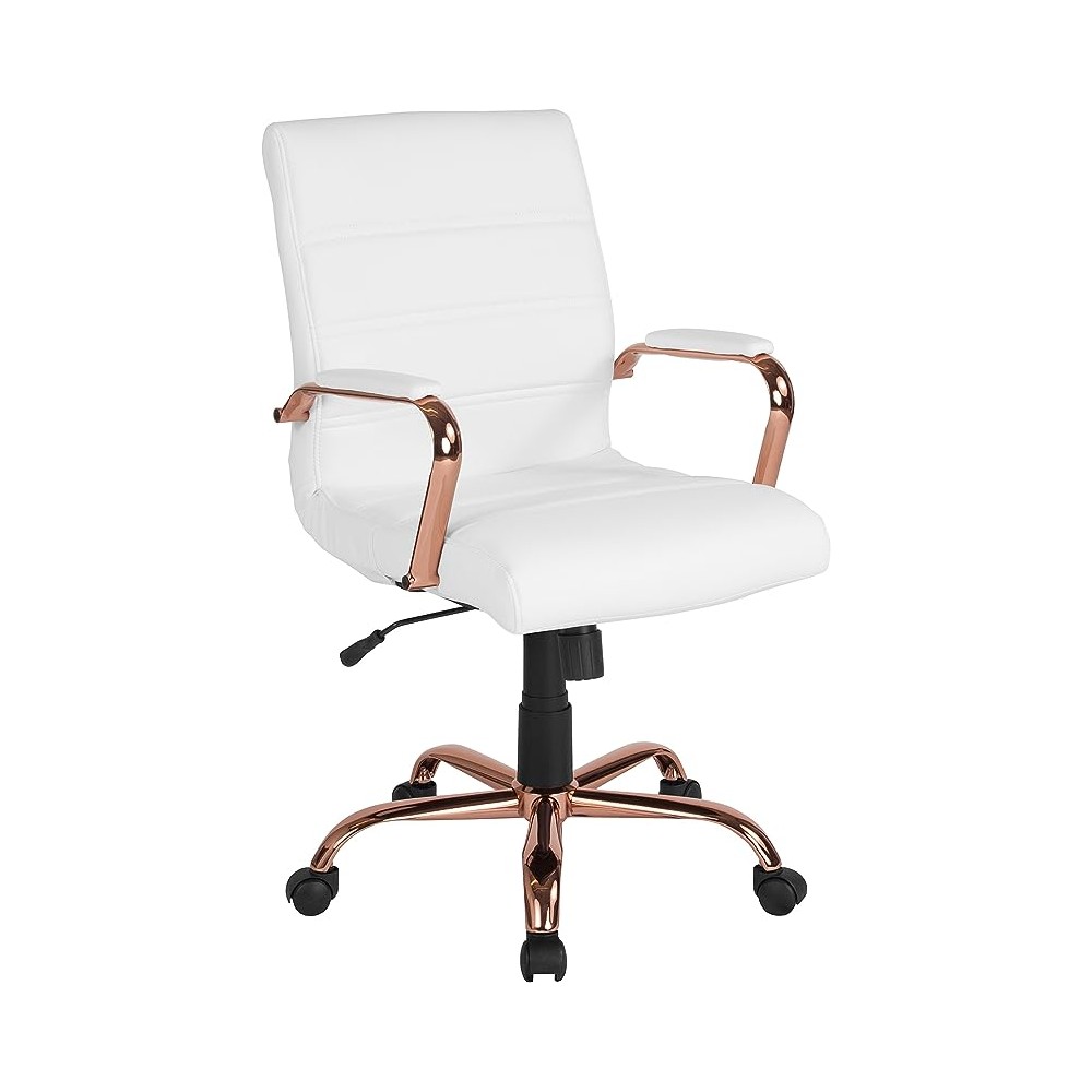 Flash Furniture Mid-BackWhite LeatherSoft Executive Swivel Office Chair with Rose Gold Frame and Arms, 23" W x 24" D x 37"