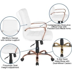 Flash Furniture Mid-BackWhite LeatherSoft Executive Swivel Office Chair with Rose Gold Frame and Arms, 23" W x 24" D x 37"